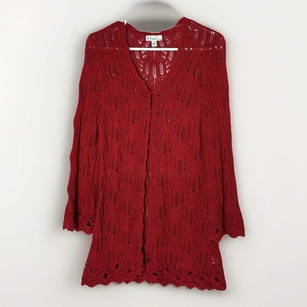 Red Open Knit Cardigan Romantic Valentine's Day‎ Boho Layering Sweater